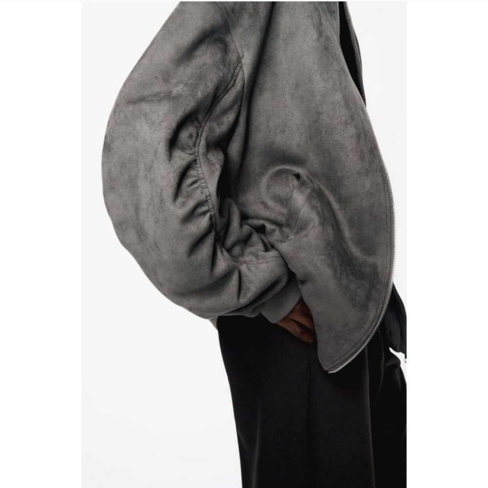 New Zara Oversized Suede Gray Bomber Jacket NWT Medium - Picture 3 of 15